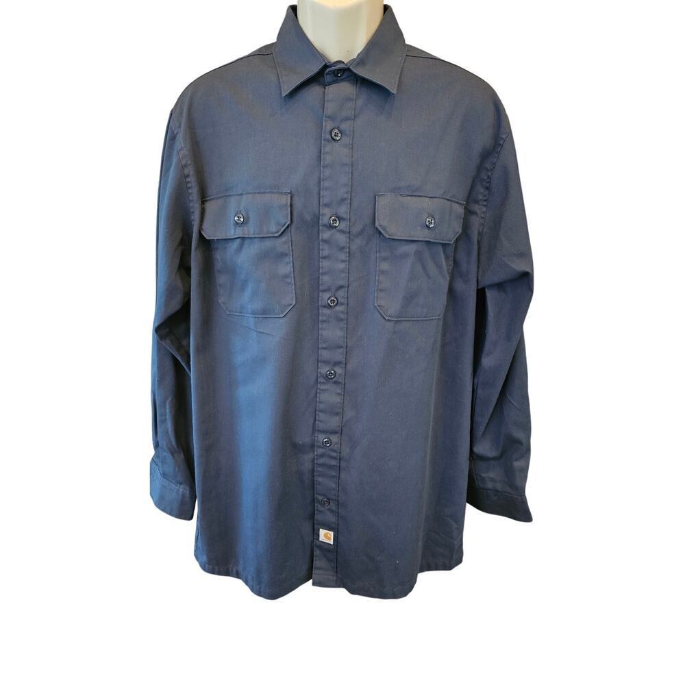 CARHARTT S224 NVY Navy Blue Button Long Sleeve Work Shirt L Relaxed fit EUC